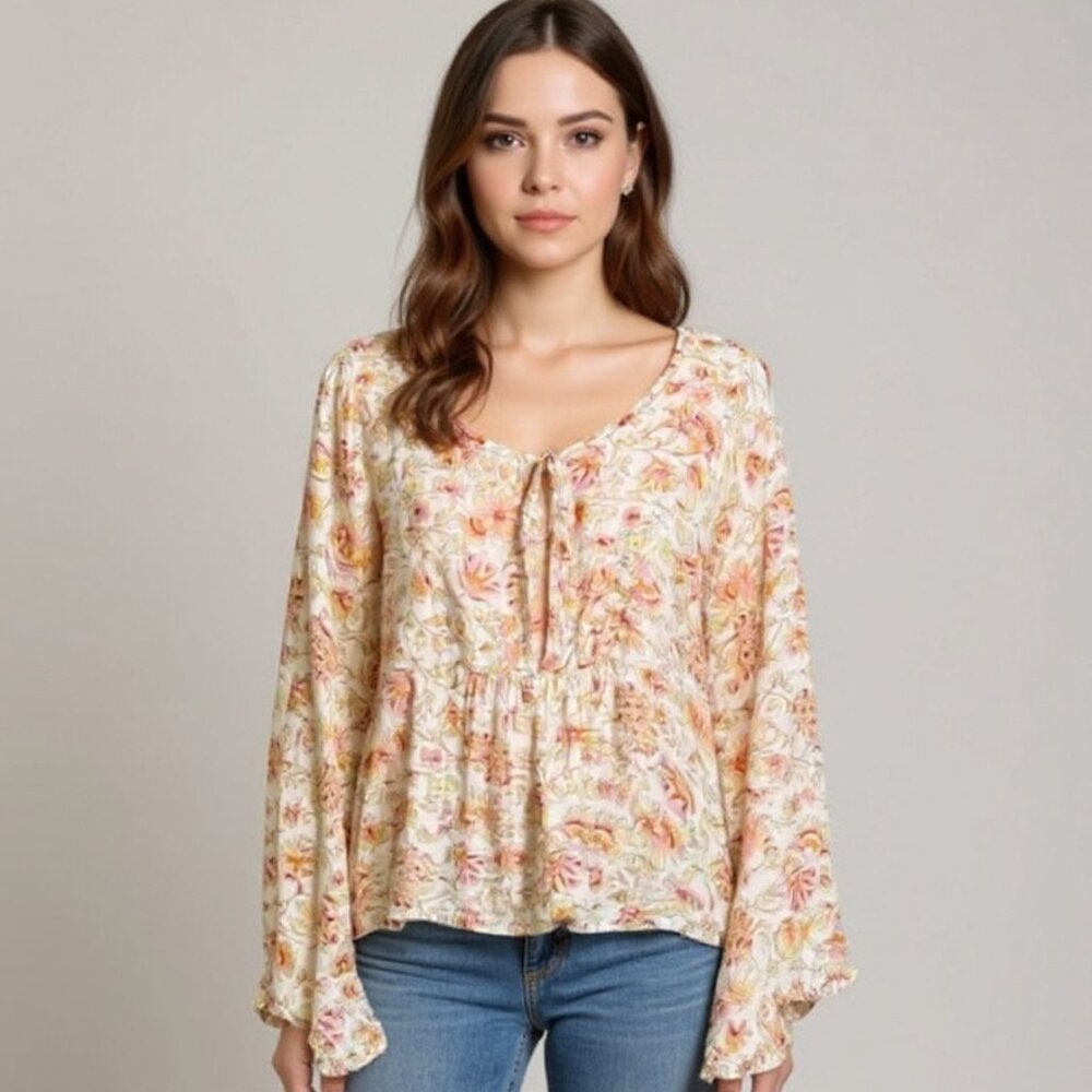 Billabong Flowy Allover Floral Bell Sleeve Peasant Blouse Flawed Size Medium